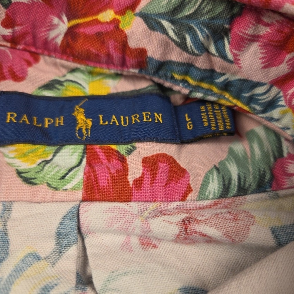 Ralph Lauren Button Up Shirt Pink Hibiscus Hawaiian Floral Print Mens L - Picture 2 of 4